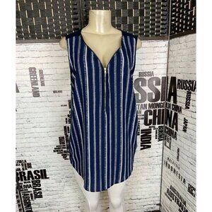Misia L Navy Blue-White Vertical Striped Zip V-Neck Curved Hem Sleeveless Top